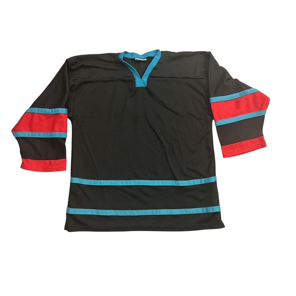 Vintage Sports Hockey Jersey Mens Medium Black Teal Red Excellent Shirt‎ USA